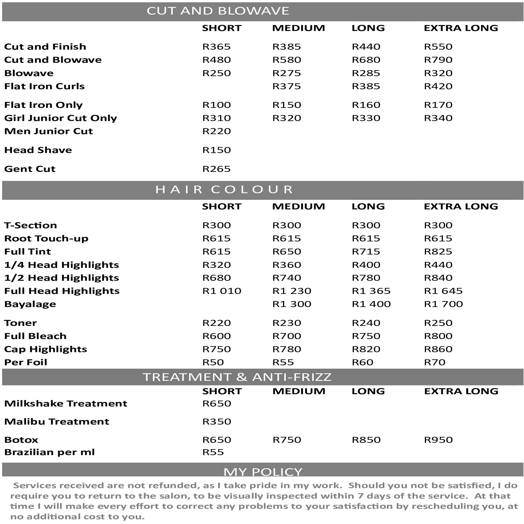 Hair by Liezel - Price List